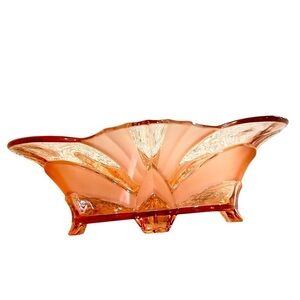 Vintage 1930’s art deco Pink/peach depression Glass oval Bowl footed frosted